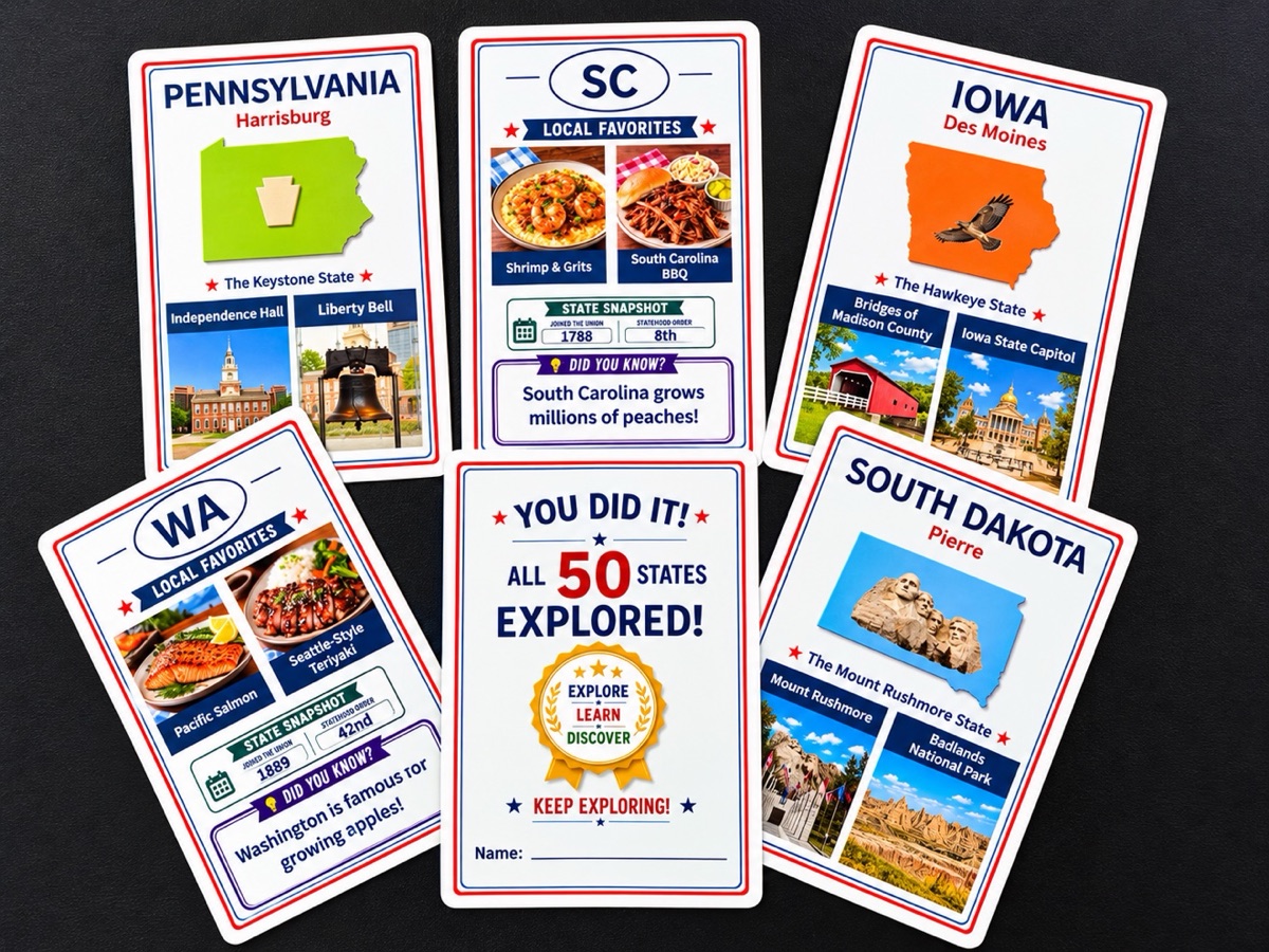 USA Adventure Cards: Pennsylvania, South Carolina, Iowa, Washington, South Dakota, and the You Did It card